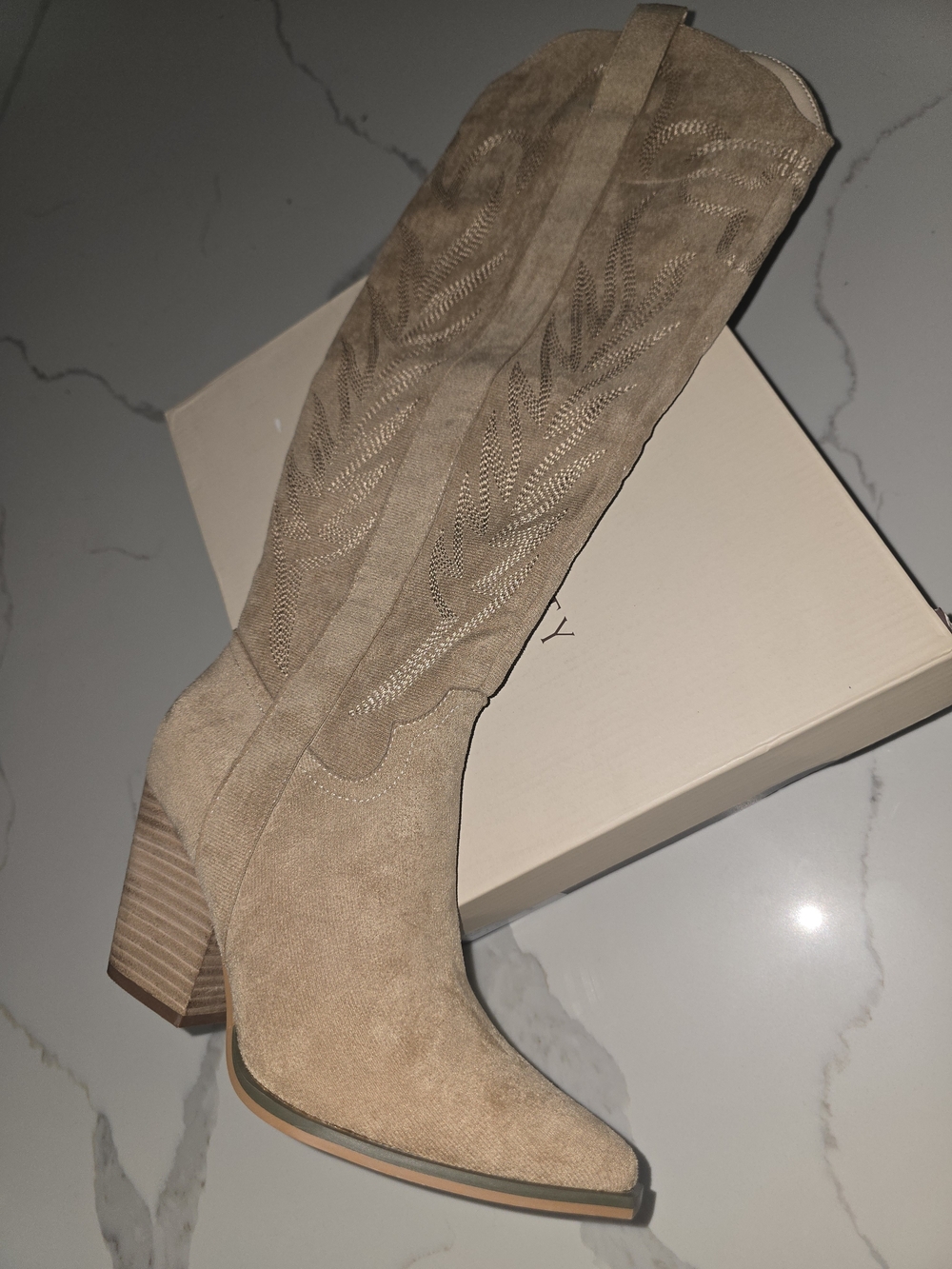 Women’s Suede Western Knee-High Boot in Beige